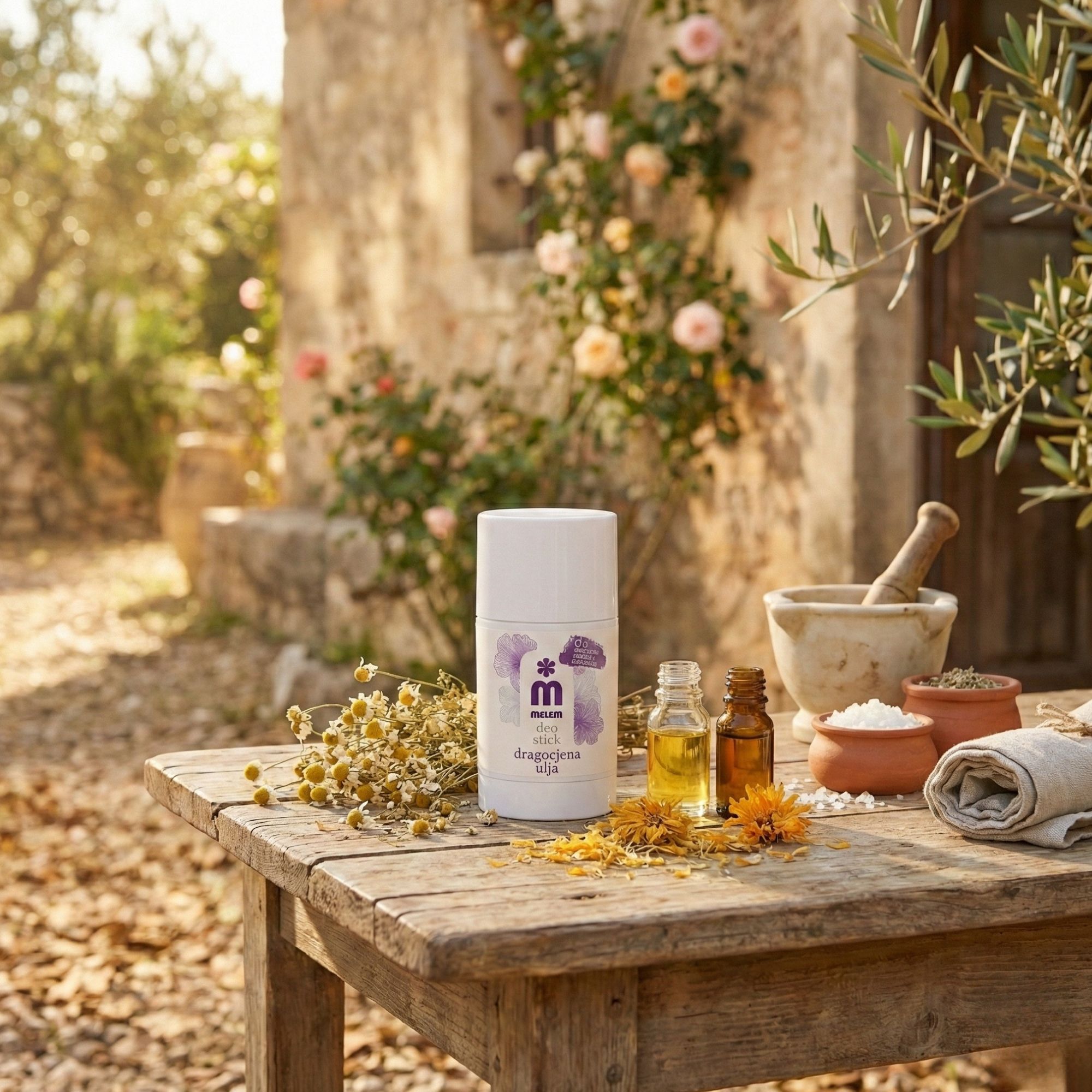 Weißer Deo-Stick mit lila Blütenmotiv. Auf Holztisch, neben Ölflaschen, Blüten und Mörser.