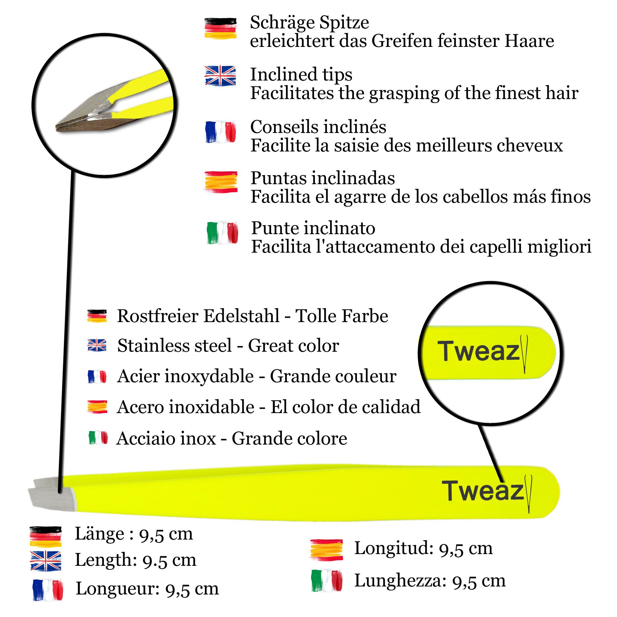 Diagram met gele pincet. Toont schuine punt, lengte 9,5 cm en 'Tweaz'-logo.