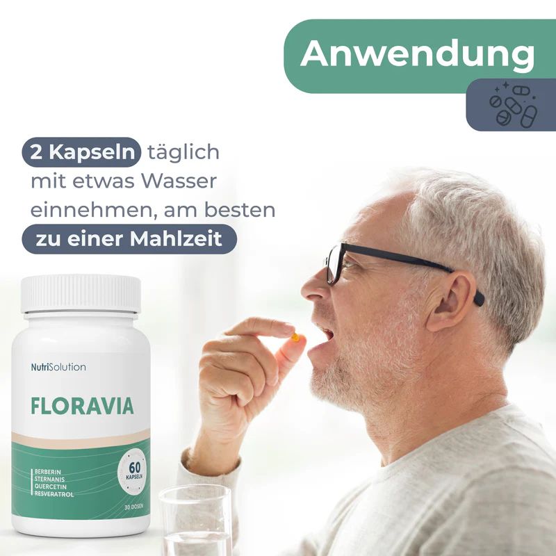 Älterer Mann nimmt Kapsel mit Wasser ein. Flasche FLORAVIA. Anwendungshinweis.