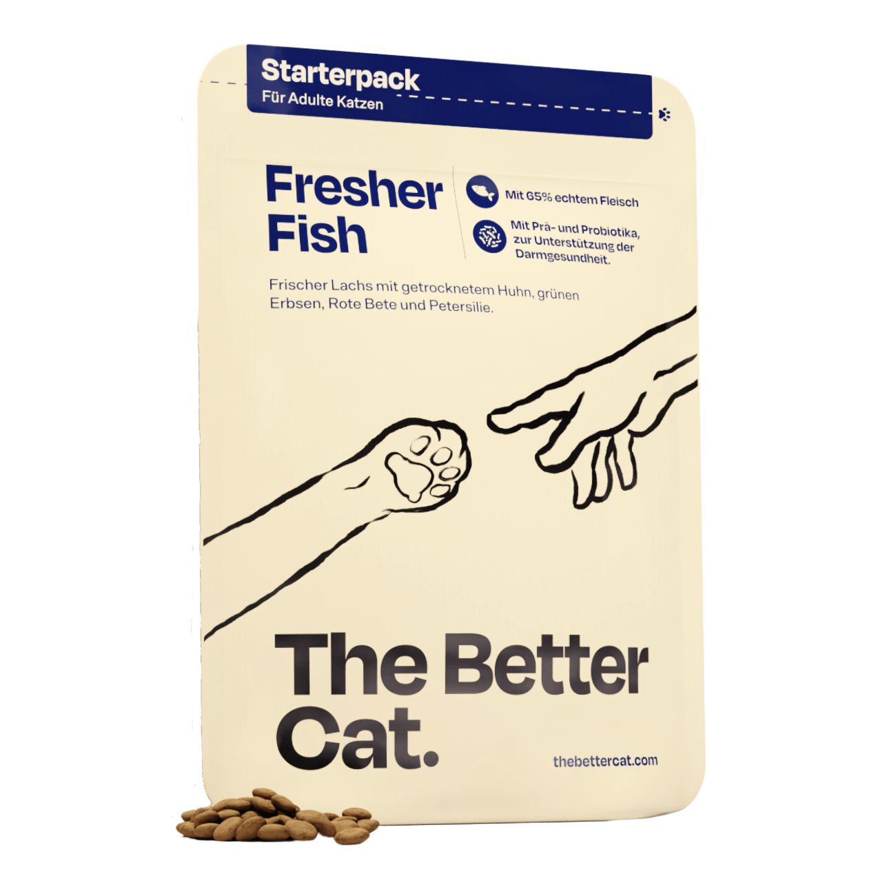 Beutel mit Katzenfutter "Fresher Fish". Text: "The Better Cat". Trockenfutter mit Lachs, getrocknetem Huhn, Erbsen, Rote Bete.