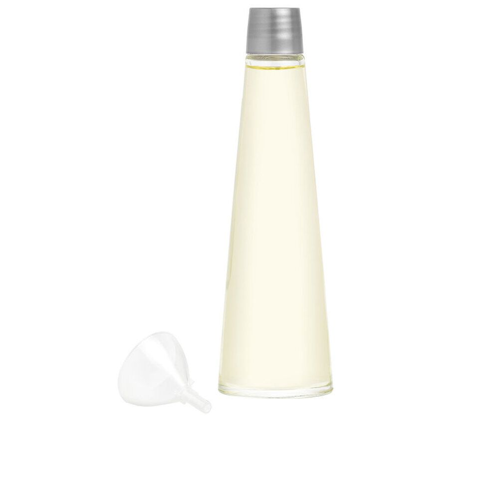 Konisch geformte Flasche mit silbernem Deckel. Separater Trichter. Flüssigkeit sichtbar.
