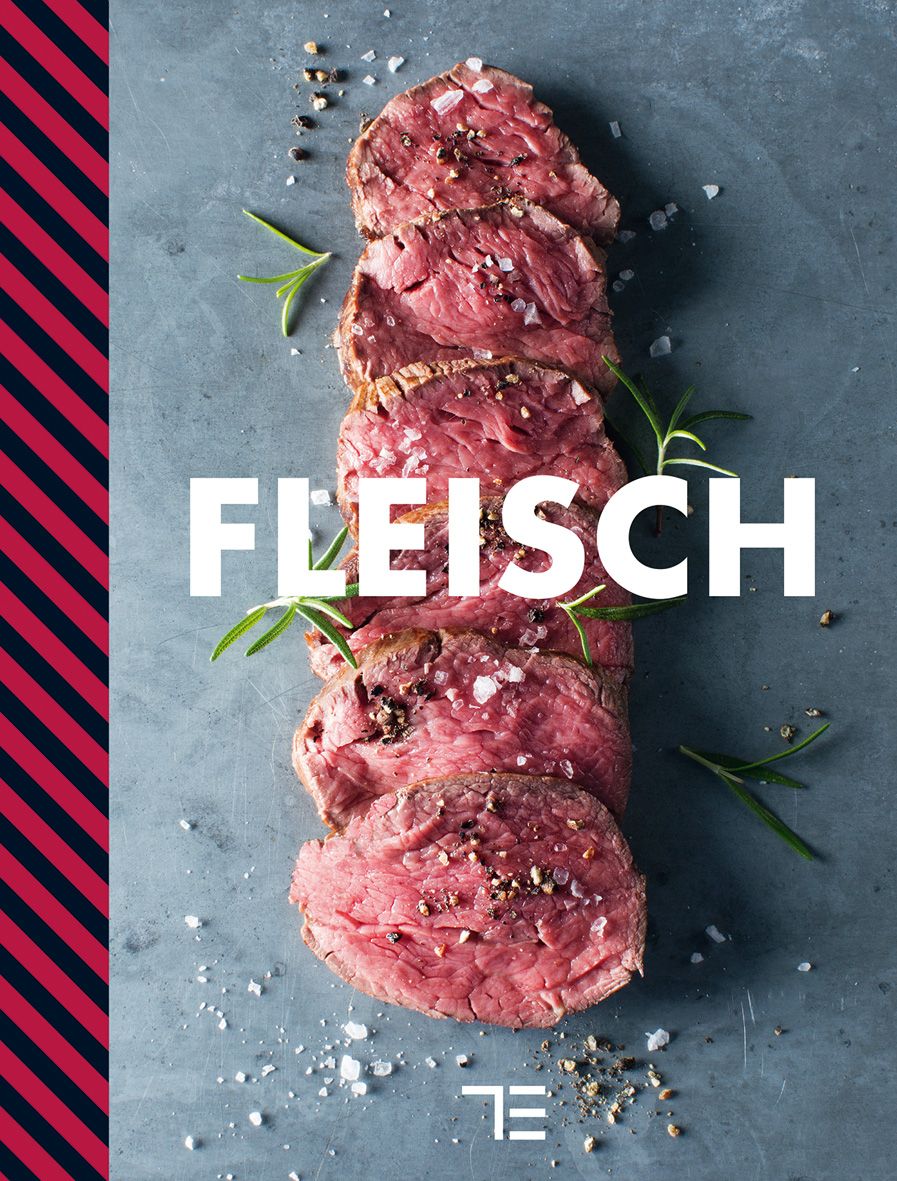 Geschnittenes Fleisch, rosa, mit Kräutern und Salz auf grauem Untergrund. Großes Wort "FLEISCH".