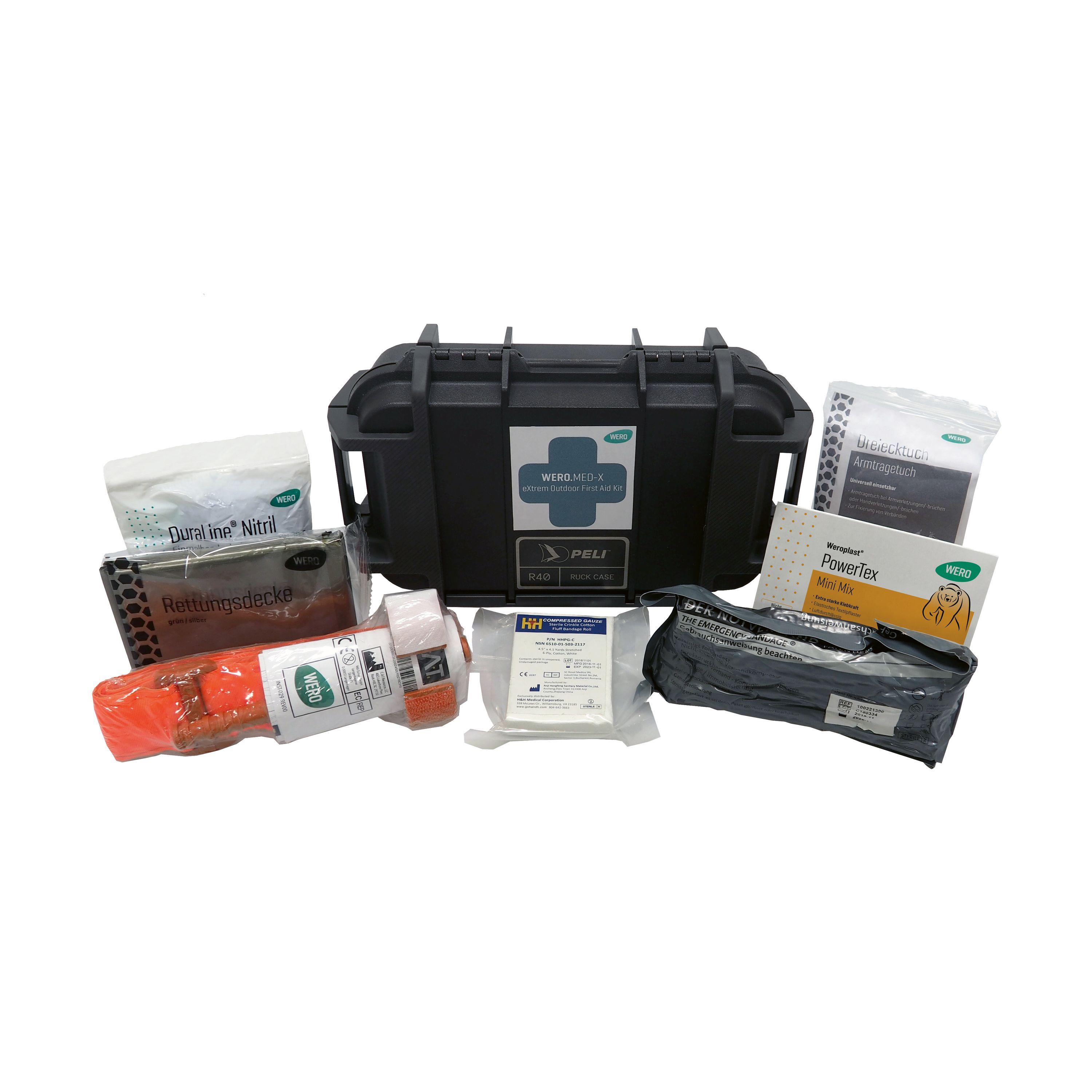 Schwarzer Koffer und Erste-Hilfe-Materialien. Koffer: WERO MED-X eXtrem Outdoor First Aid Kit, Peli R40. Einzelne Artikel daneben.