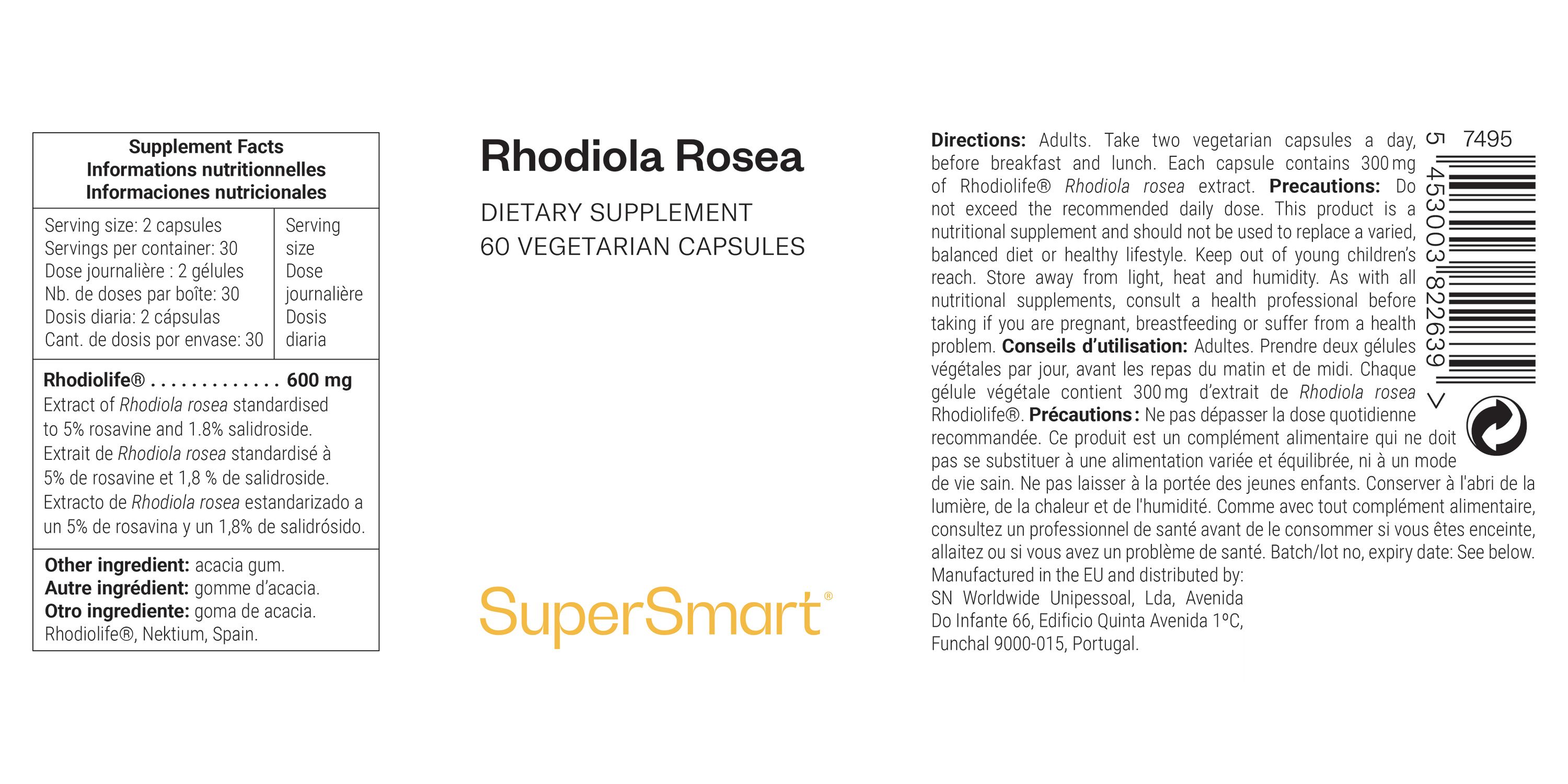 Etikett mit Produktinformationen. Rhodiola Rosea, 60 Kapseln. SuperSmart-Logo. Text in Englisch und Spanisch.