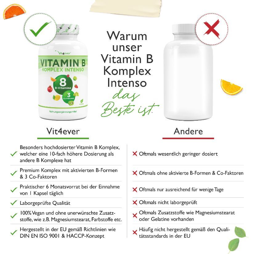 Vit4ever Vitamin B Komplex Intenso-alle 8 B-Vitamine + 3 Co-Faktoren ...