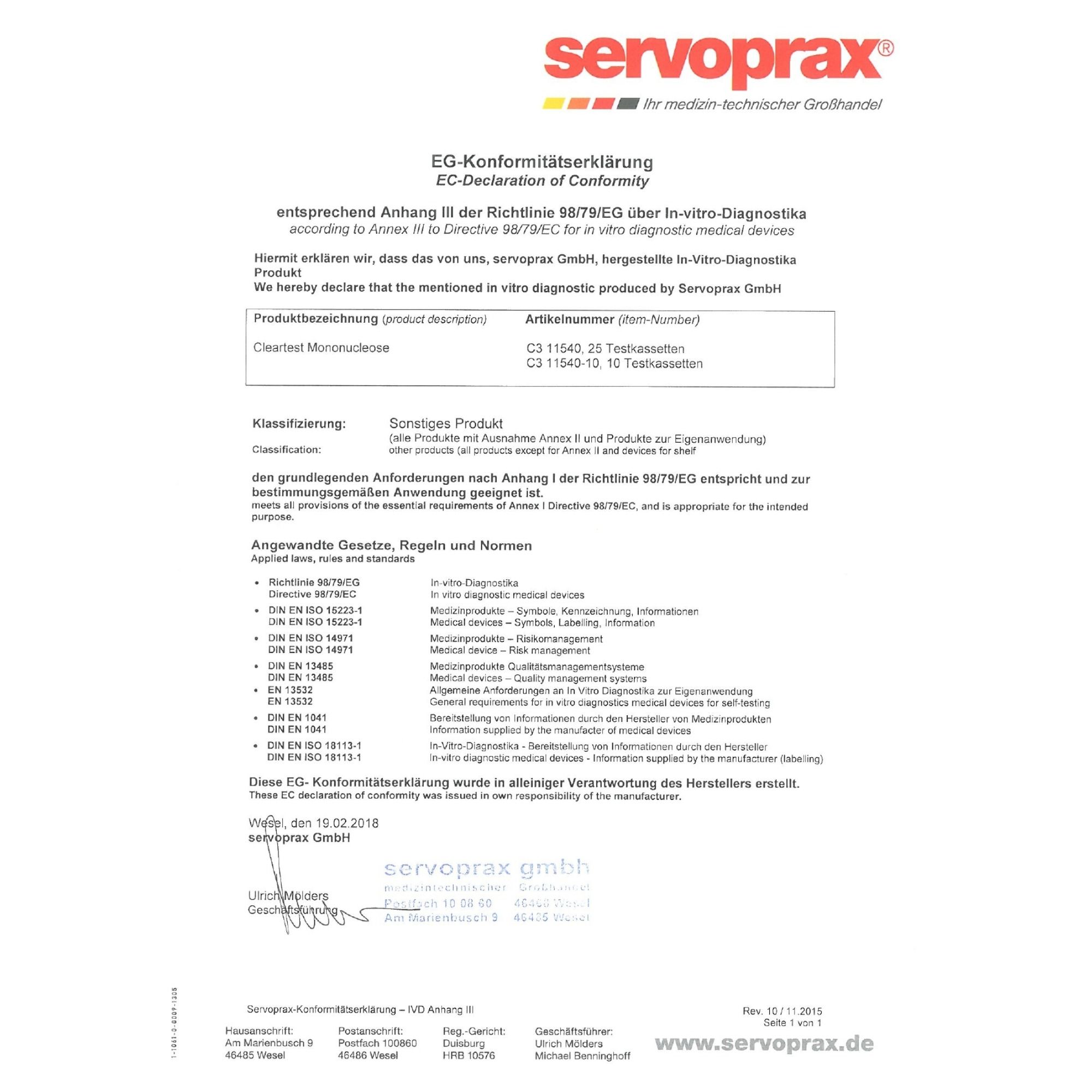 Cleartest Mononucleose Schnelltest EBV Antikörperdiagnostik In-vitro