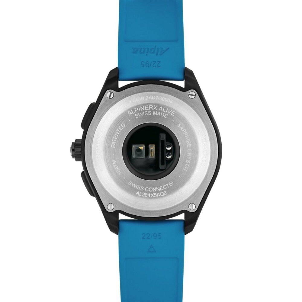 Rückseite einer Smartwatch mit Sensoren und blauem Armband. Text: Alpinerx Alive, Swiss Made, Saphirglas.