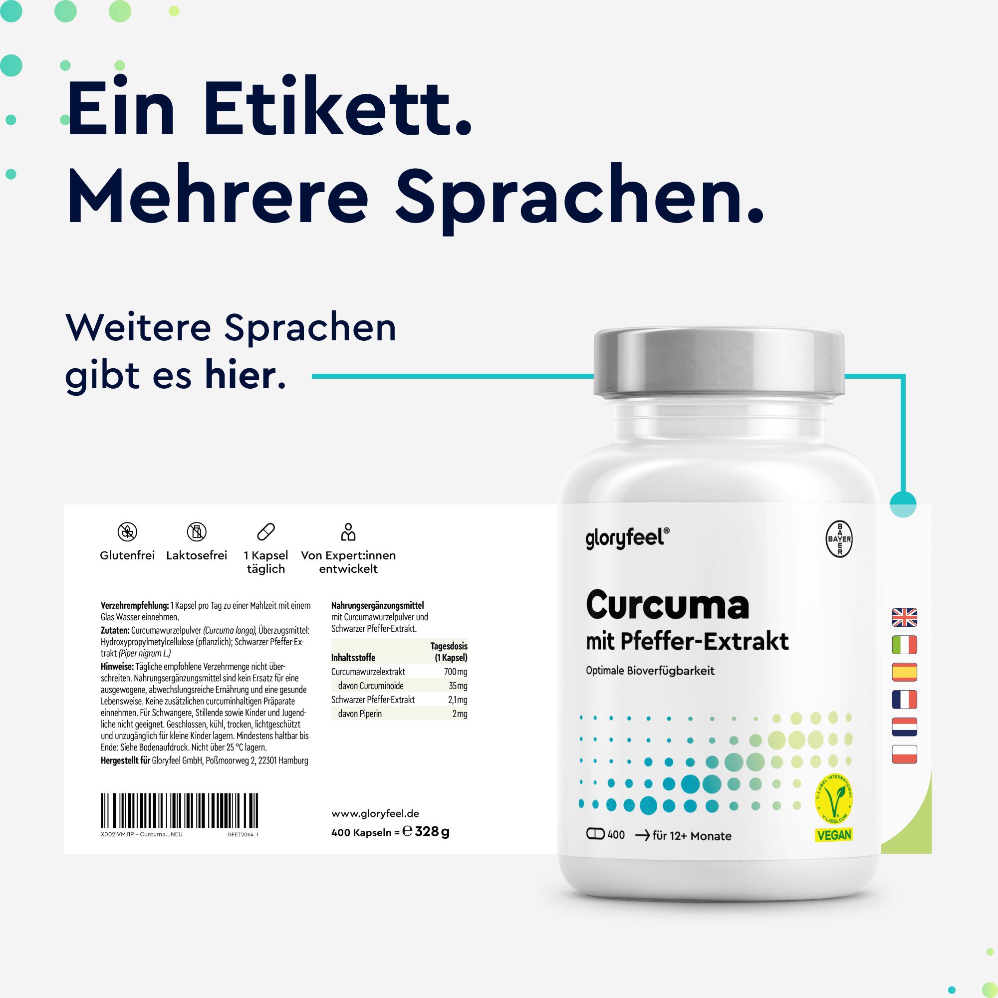 gloryfeel® Curcuma 400 Kapseln - Original indisches Kurkumapulver - 700mg/Kapsel, Curcumin & Piperin