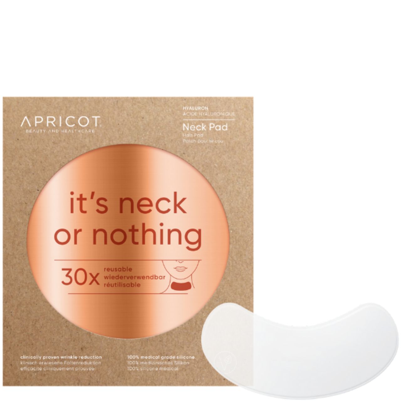 Verpackung: Hals Pad mit Hyaluron. Marke APRICOT. Runde Verpackung mit Produktinformationen.