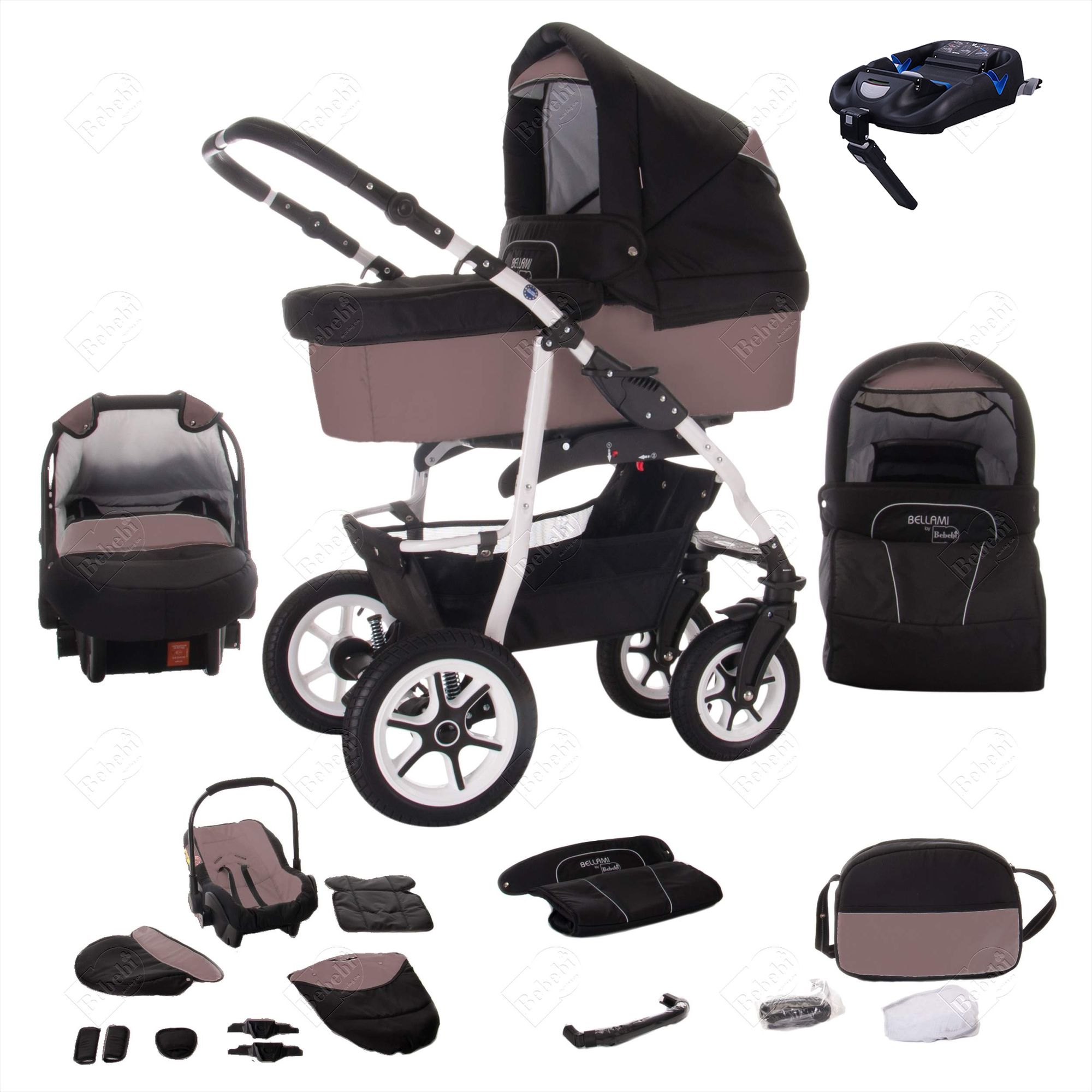 Kinderwagen-Komplettset mit Zubehör. Schwarzes Gestell, braune und schwarze Elemente. Luftreifen.