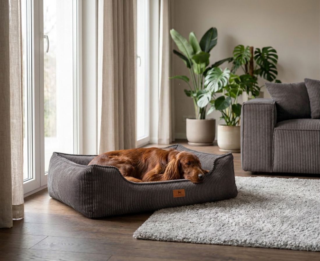 Braunes Hundebett aus Cord in einem Wohnzimmer mit einem Hund.