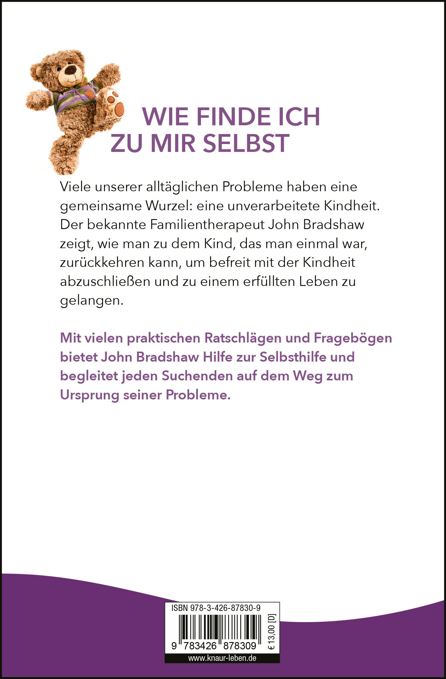 Buchrückseite mit Text und Teddybär-Illustration. Titel: Wie finde ich zu mir selbst. ISBN-Code und Preis.