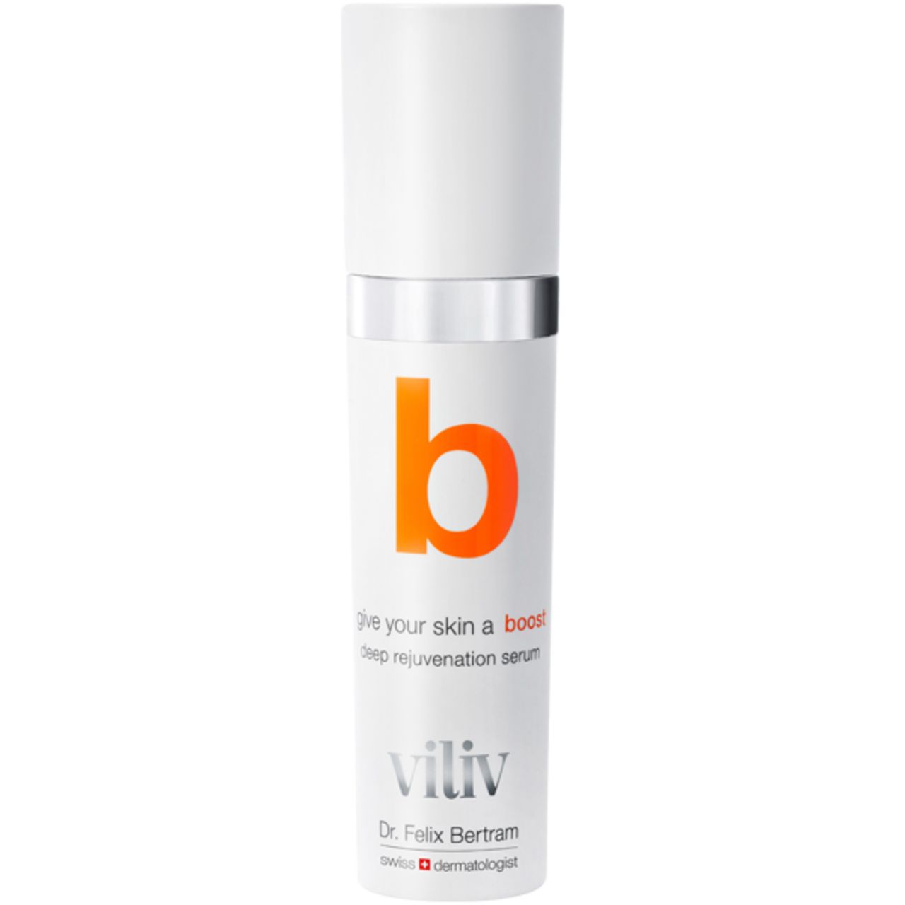 Weißes Serum mit orangefarbenem "b"-Logo. Text: "Give your skin a boost", "viliv", "Dr. Felix Bertram".