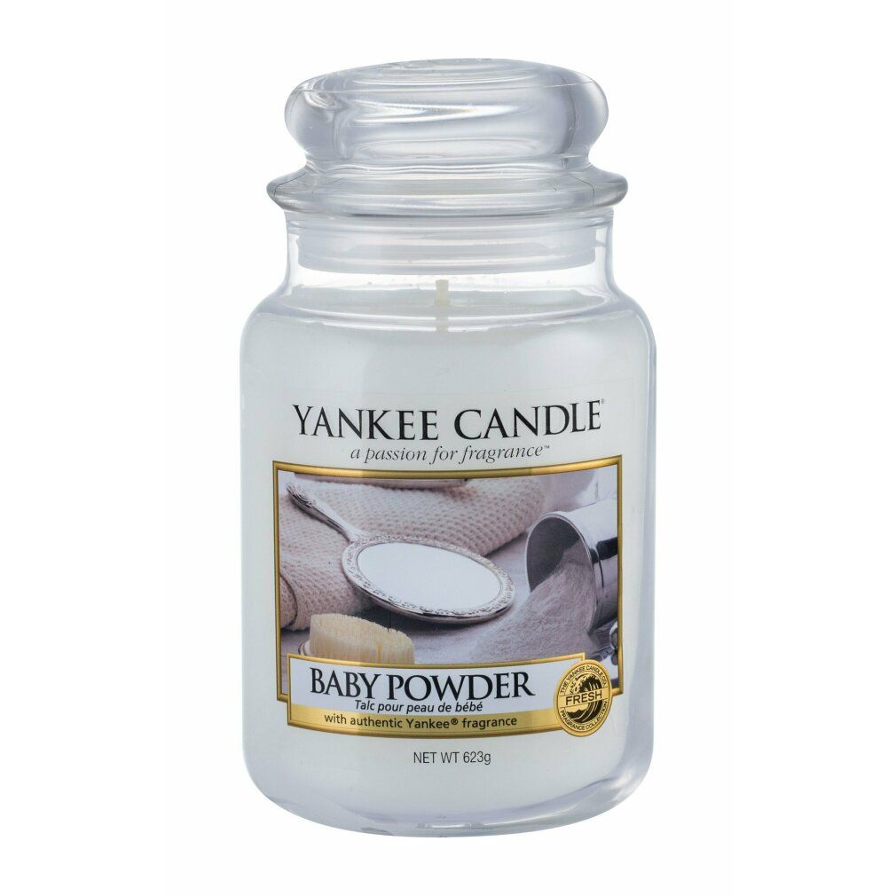 Yankee Candle Baby Powder Duftkerze im Glas mit Deckel. Etikett mit Produktname und Bild. Netto 623g.