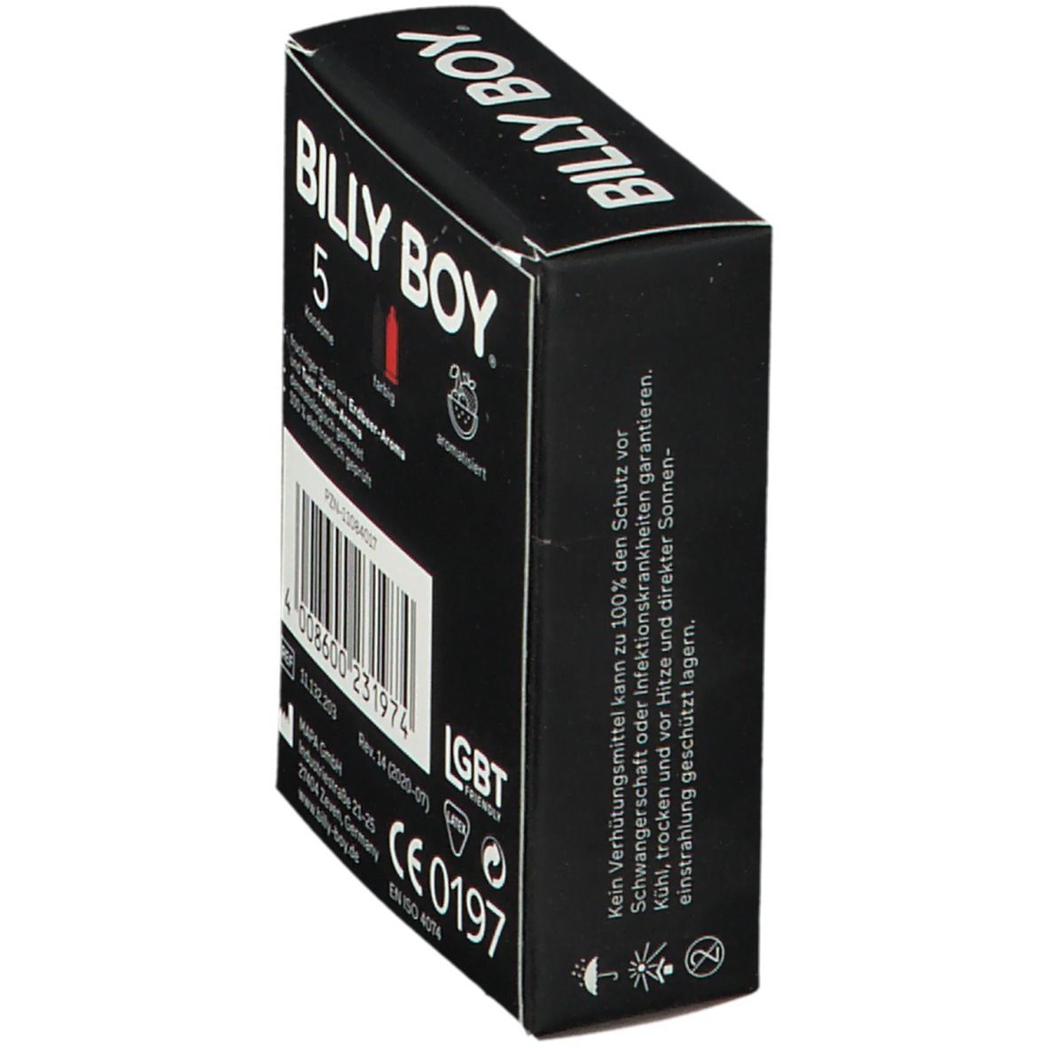 Schwarze Schachtel mit Kondomen. Aufschrift: BILLY BOY, 5 Kondome. Rückseite mit Text und Zertifizierungen.