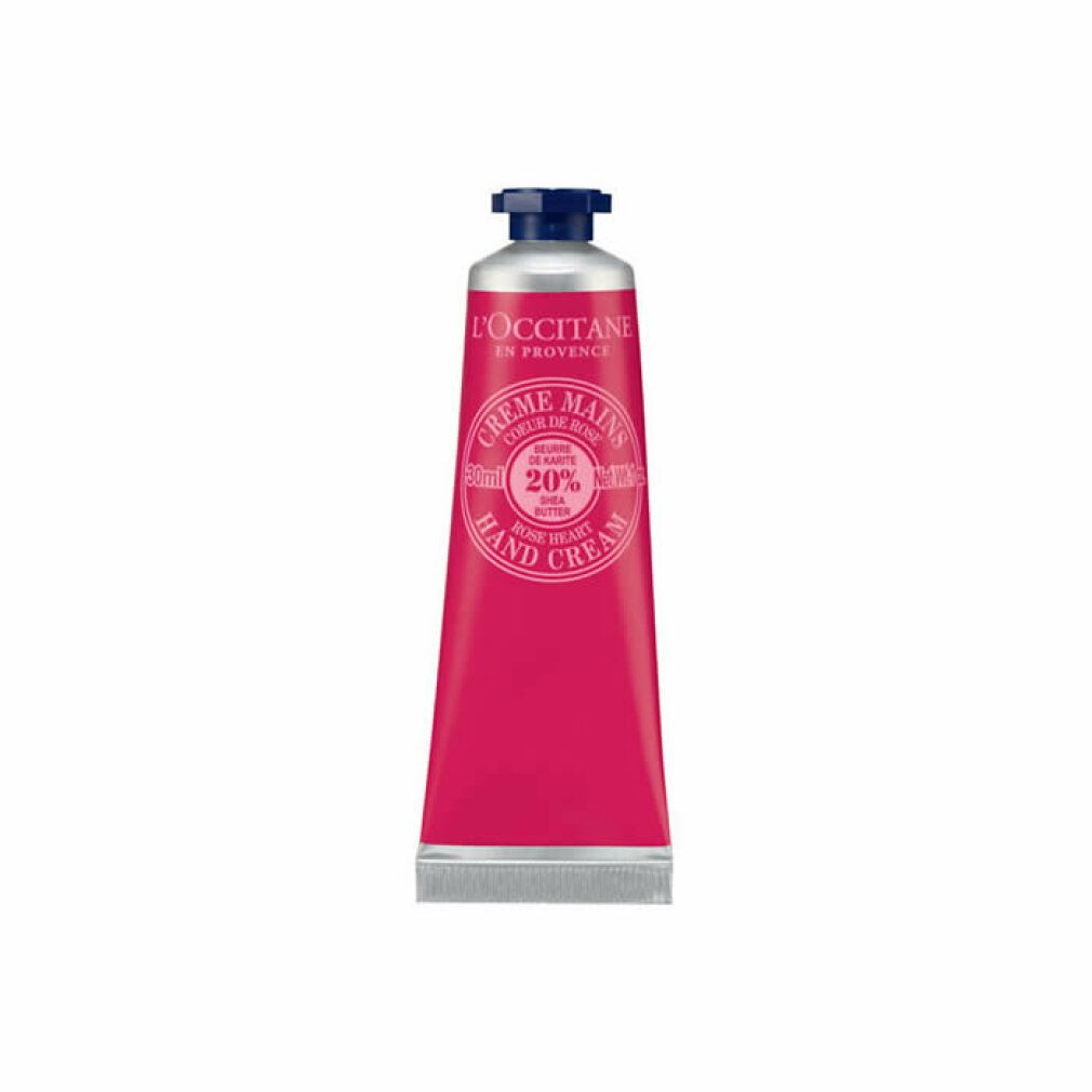 Rosa Handcreme-Tube mit blauem Deckel. Text: L'Occitane, Crème Mains, Delice de Rose, 20% Shea Butter.
