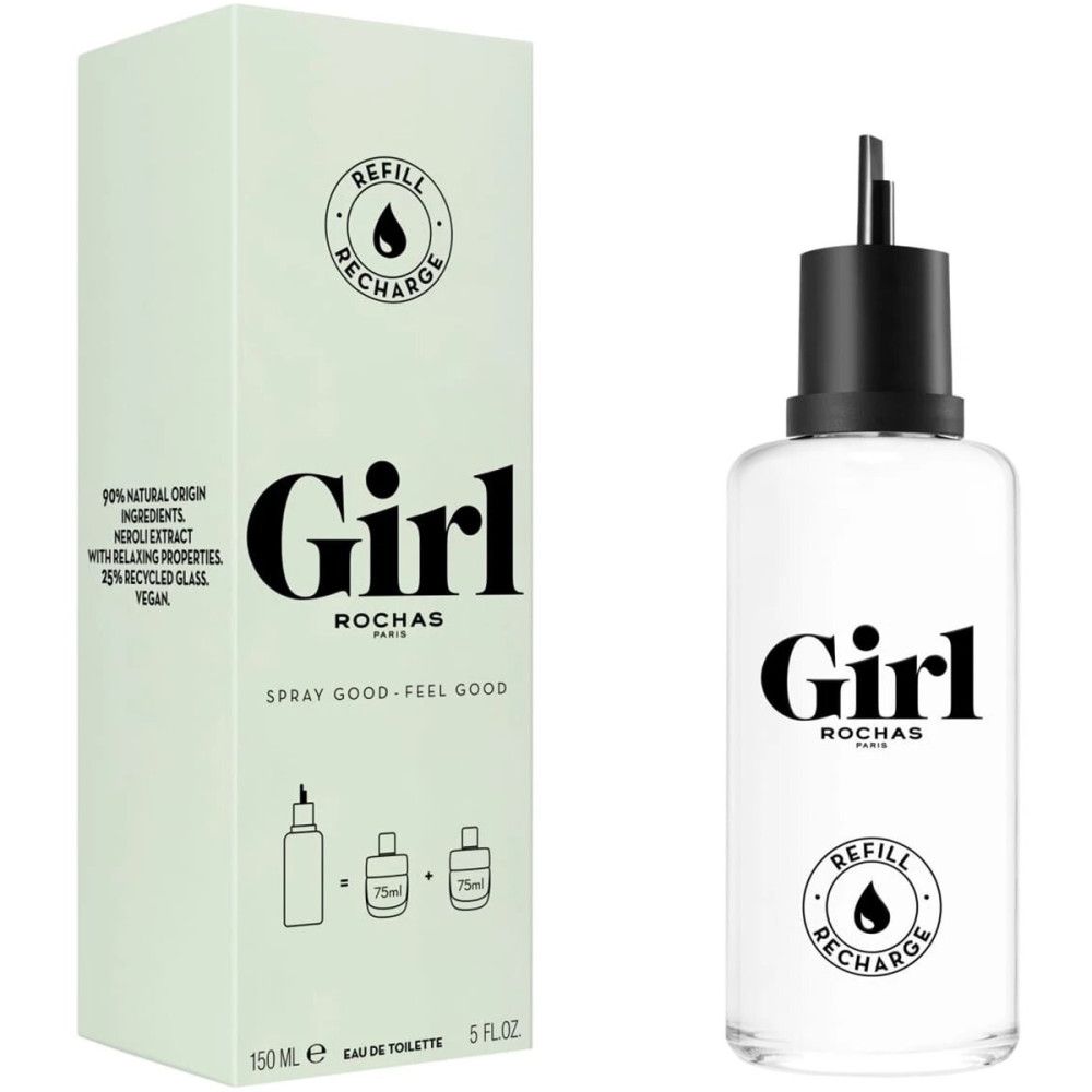 Produktverpackung und Nachfüllflasche. Aufschrift "Girl", "REFILL RECHARGE" und Produktinformationen.