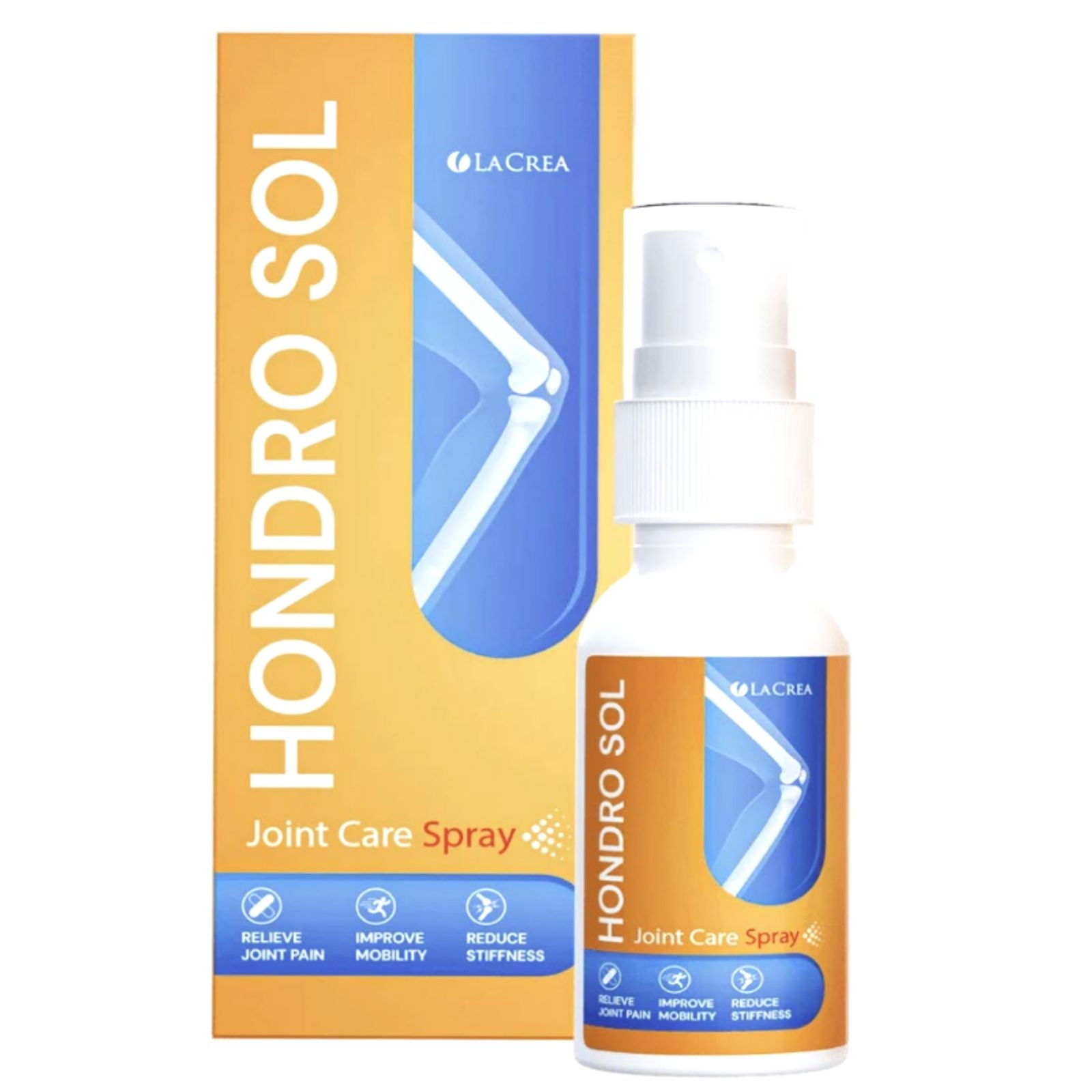 Produktflasche und Verpackung. Weiße Flasche mit Sprühkopf neben einer orange-braunen Schachtel. Text: "Hondro Sol", "Joint Care Spray".