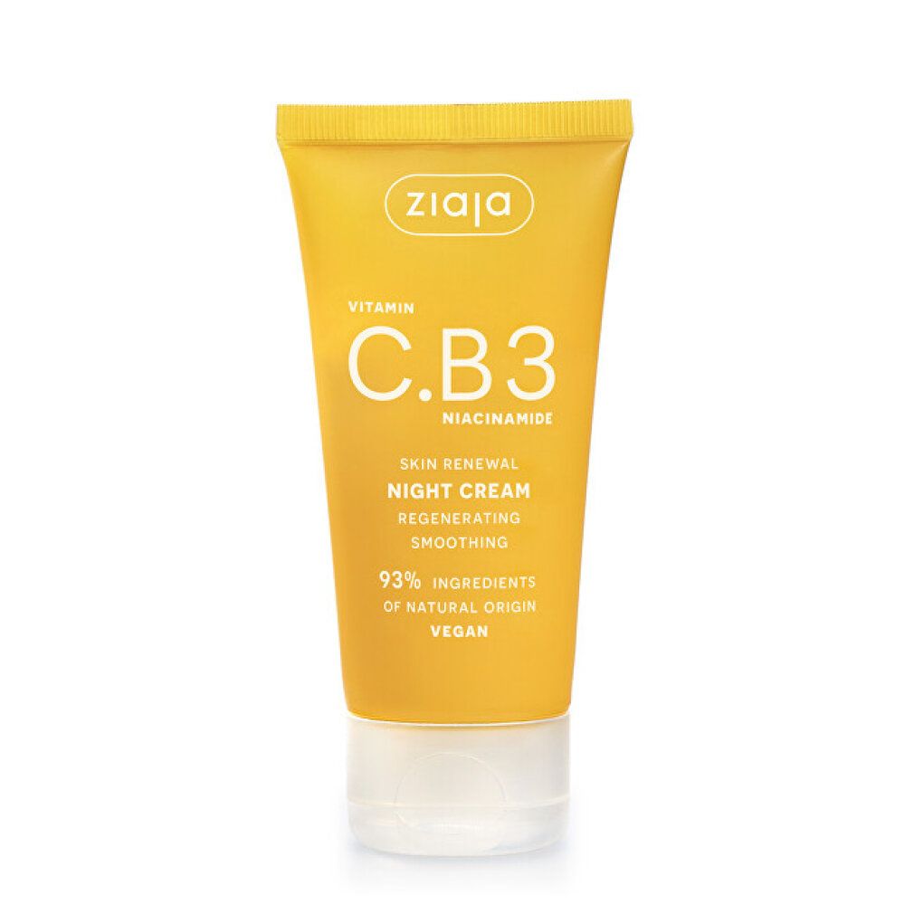 Gelbe Tube mit Nachtcreme, Vitamin C.B3 Niacinamid, 93% natürliche Inhaltsstoffe, vegan.
