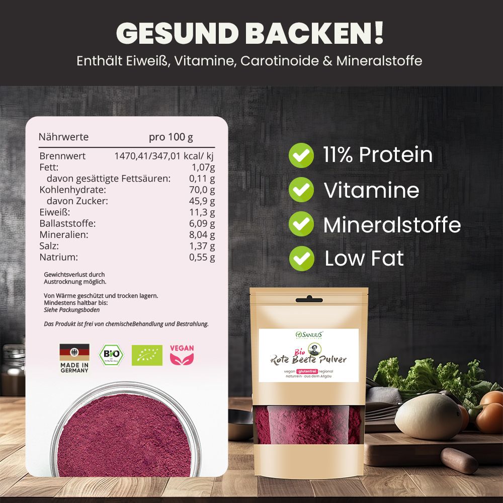 Produktabbildung mit Nährwerttabelle und SANUUS Bio Rote Beete Pulver. Enthält 11% Protein, Vitamine, Mineralstoffe und wenig Fett. Made in Germany.
