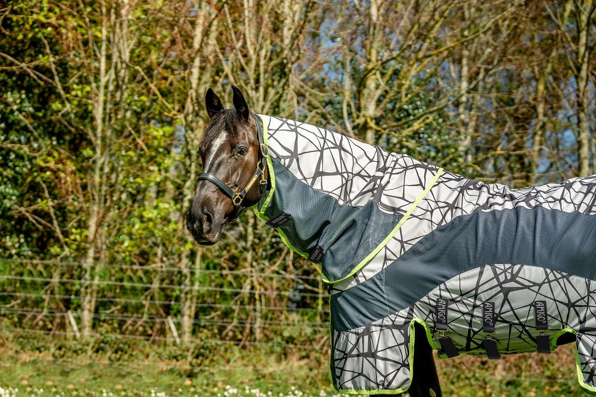 Nahaufnahme einer Pferdedecke mit Camouflage-Muster. Grau, Schwarz und Neongrün. Auf einem Pferd.
