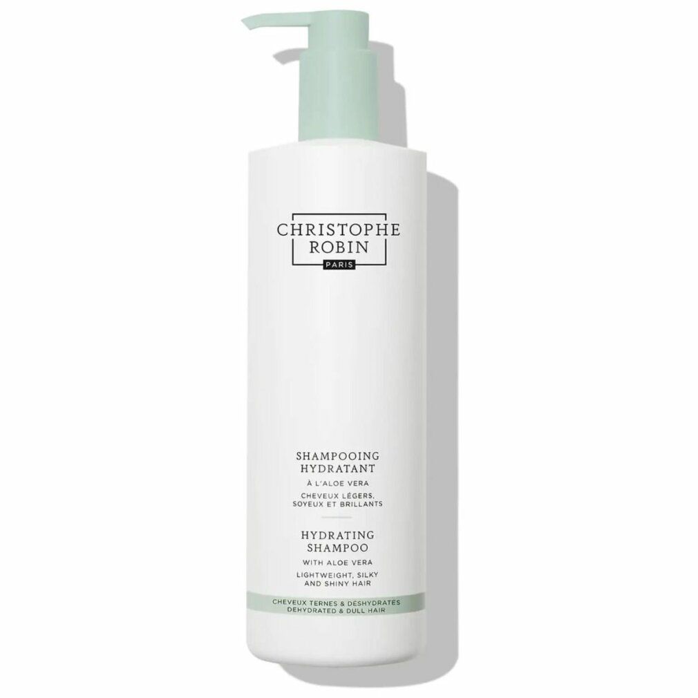 Weiße Shampoo-Flasche mit grünem Pumpkopf. Text: Christophe Robin, Hydrating Shampoo, mit Aloe Vera. Für leichtes, seidiges und glänzendes Haar.