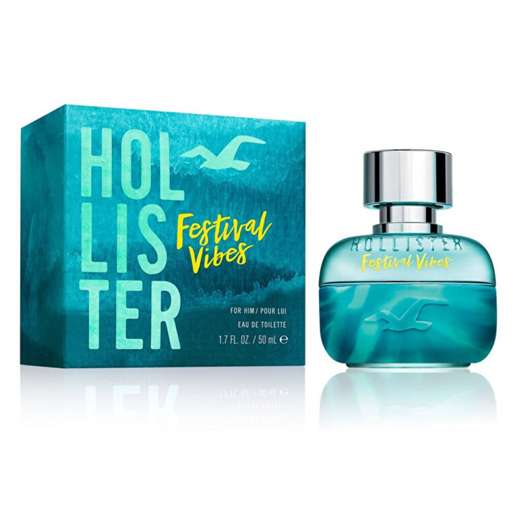 Hollister Festival Vibes Herrenparfum. Flakon und Schachtel. Blau-türkis Farbverlauf. Schriftzug und Möwen-Logo. 50 ml.
