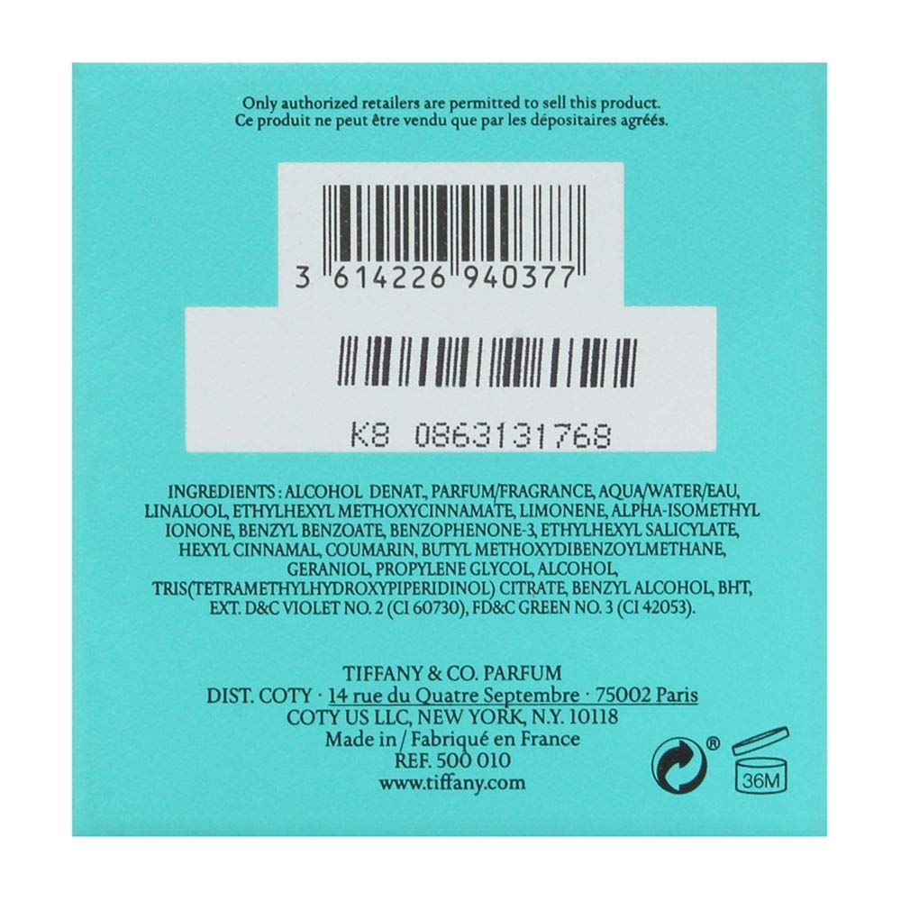 Rückseite der Tiffany & Co. Intense Eau de Parfum Spray-Schachtel. Barcode, Inhaltsstoffe, Herstelleradresse und Recycling-Symbol.