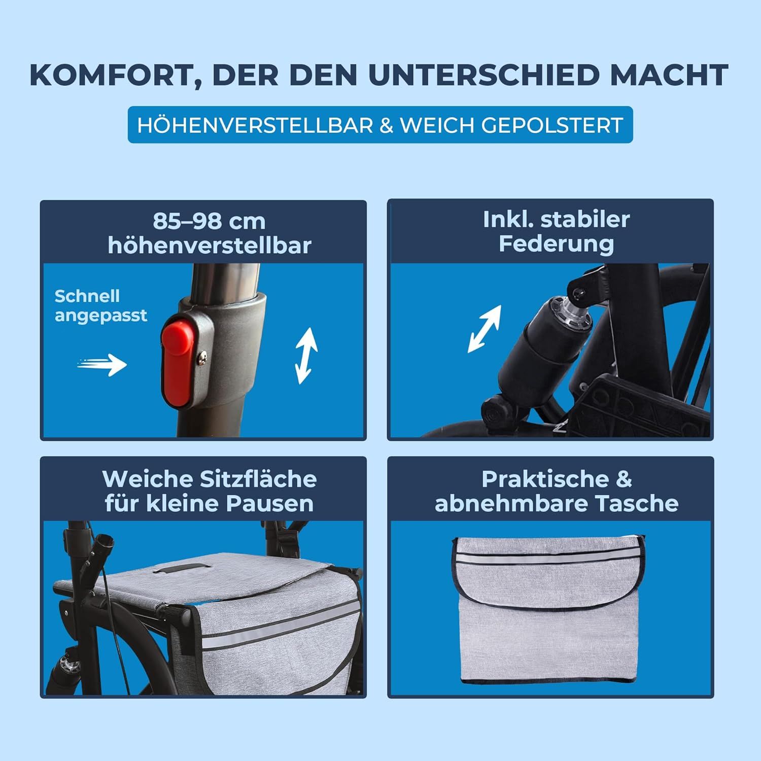 Detailansichten: Höhenverstellbar, Federung, Sitzfläche, Tasche. Text: Höhenverstellbar & weich gepolstert.