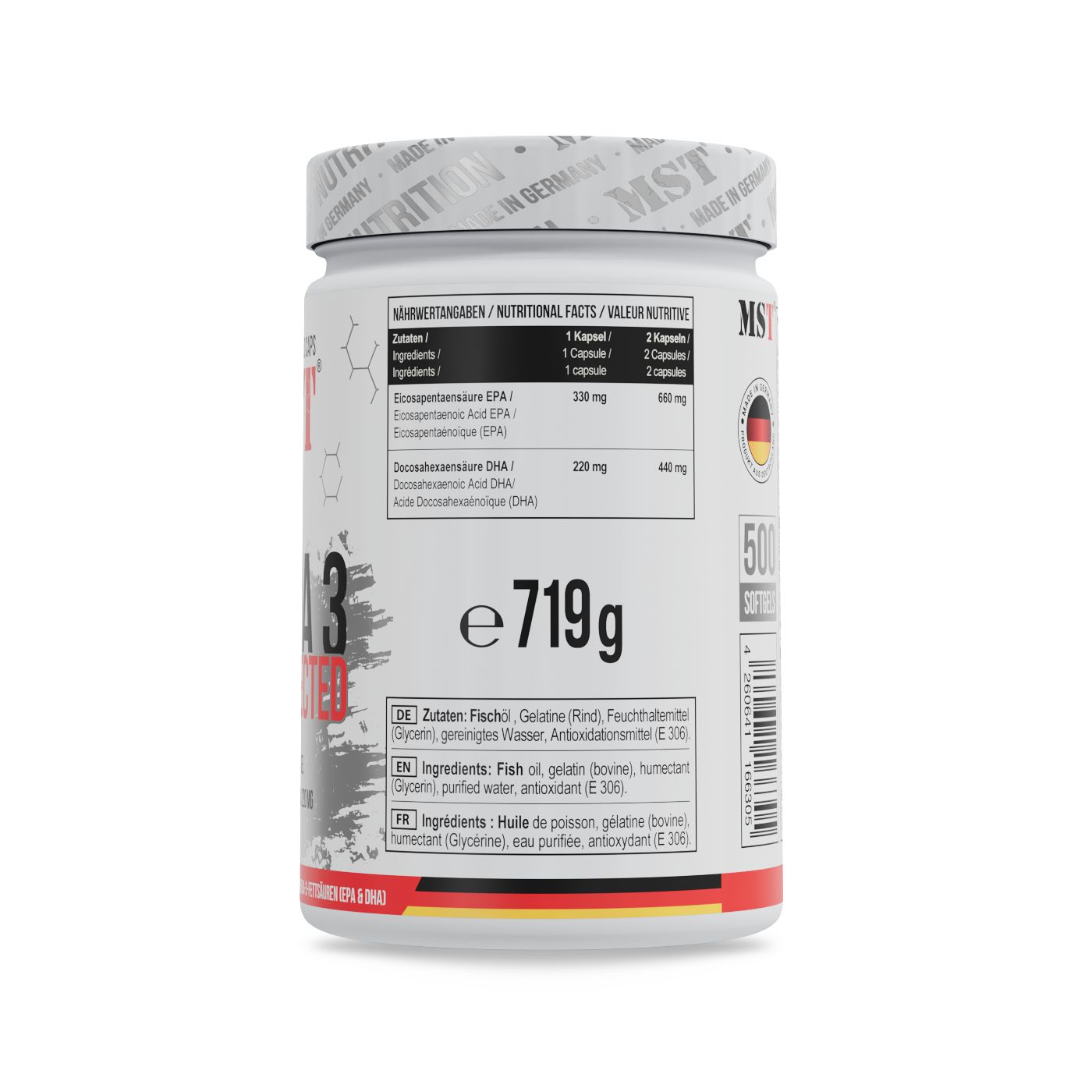Rückseite der weißen Dose. Nährwertangaben, Zutaten, Gewicht 719g. Mit deutschem Flaggen-Symbol und 500 Kapseln.