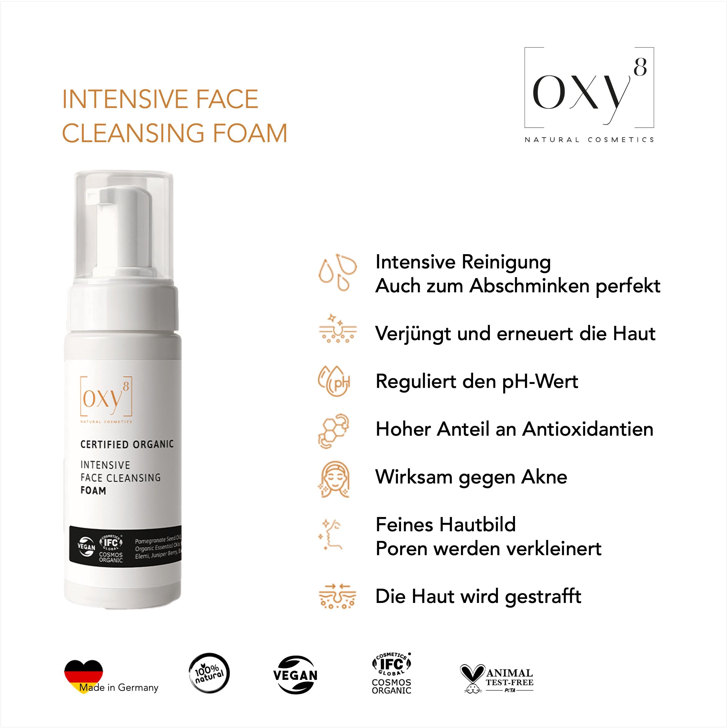 Eine weiße Flasche mit Pumpaufsatz. Aufschrift: oxy8, INTENSIVE FACE CLEANSING FOAM. Text und Icons mit Produktvorteilen.