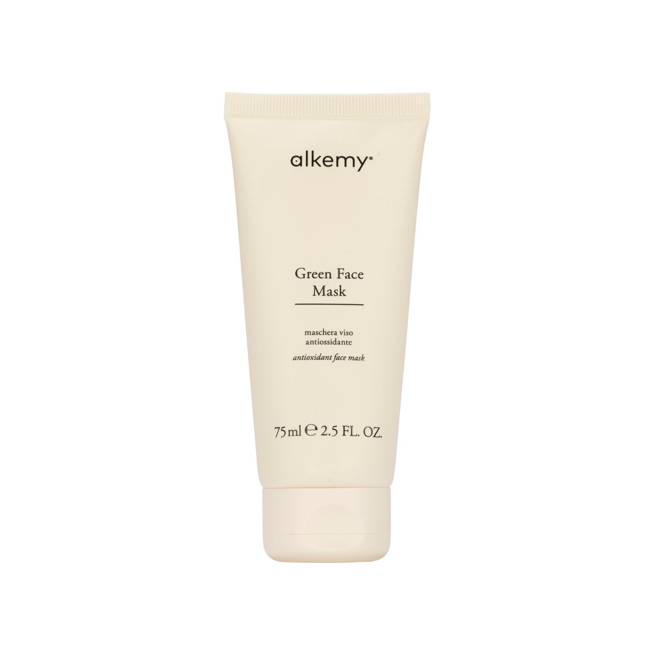 Weiße Tube Alkemy Green Face Mask mit Textangaben auf weißem Hintergrund.