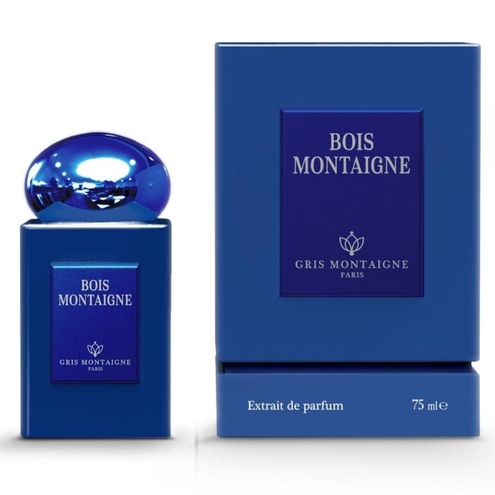 Blaues Parfümflakon und Schachtel. Aufschrift: Bois Montaigne, Gris Montaigne Paris. Extrait de parfum.