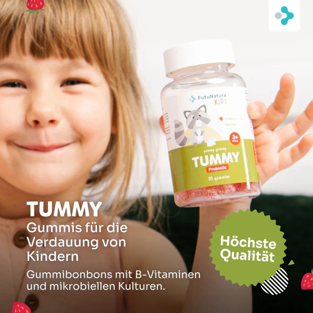 Flasche mit "Tummy" Gummis für Kinder, 30 Stück. Enthält B-Vitamine und mikrobielle Kulturen.