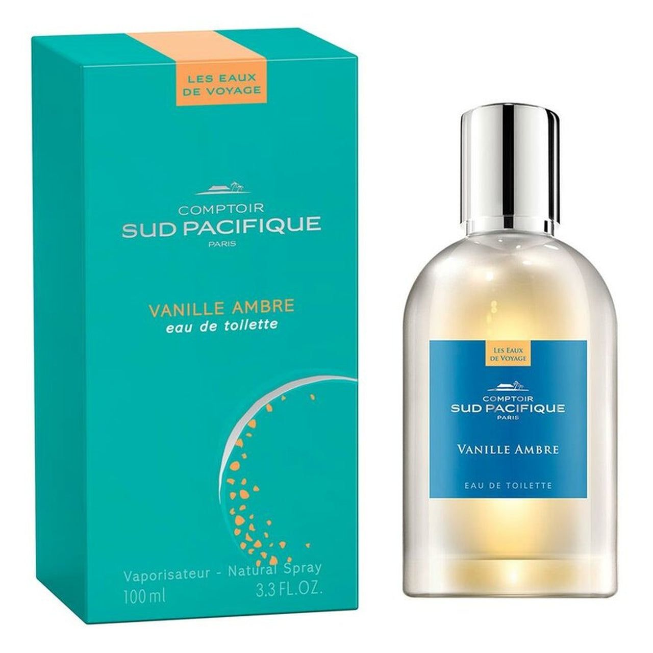 Parfümflasche und Schachtel. Aufschrift: Comptoir Sud Pacifique, Vanille Ambre, Eau de Toilette. Schachtel: 100 ml.