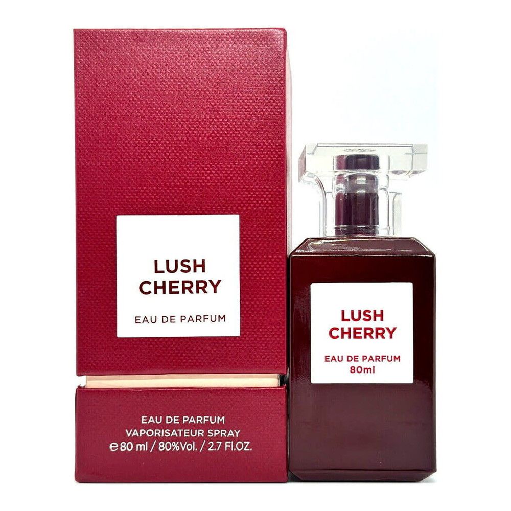 Roter Flakon mit weißem Etikett: "Lush Cherry Eau de Parfum". Rote Verpackung mit gleichem Etikett. 80ml.