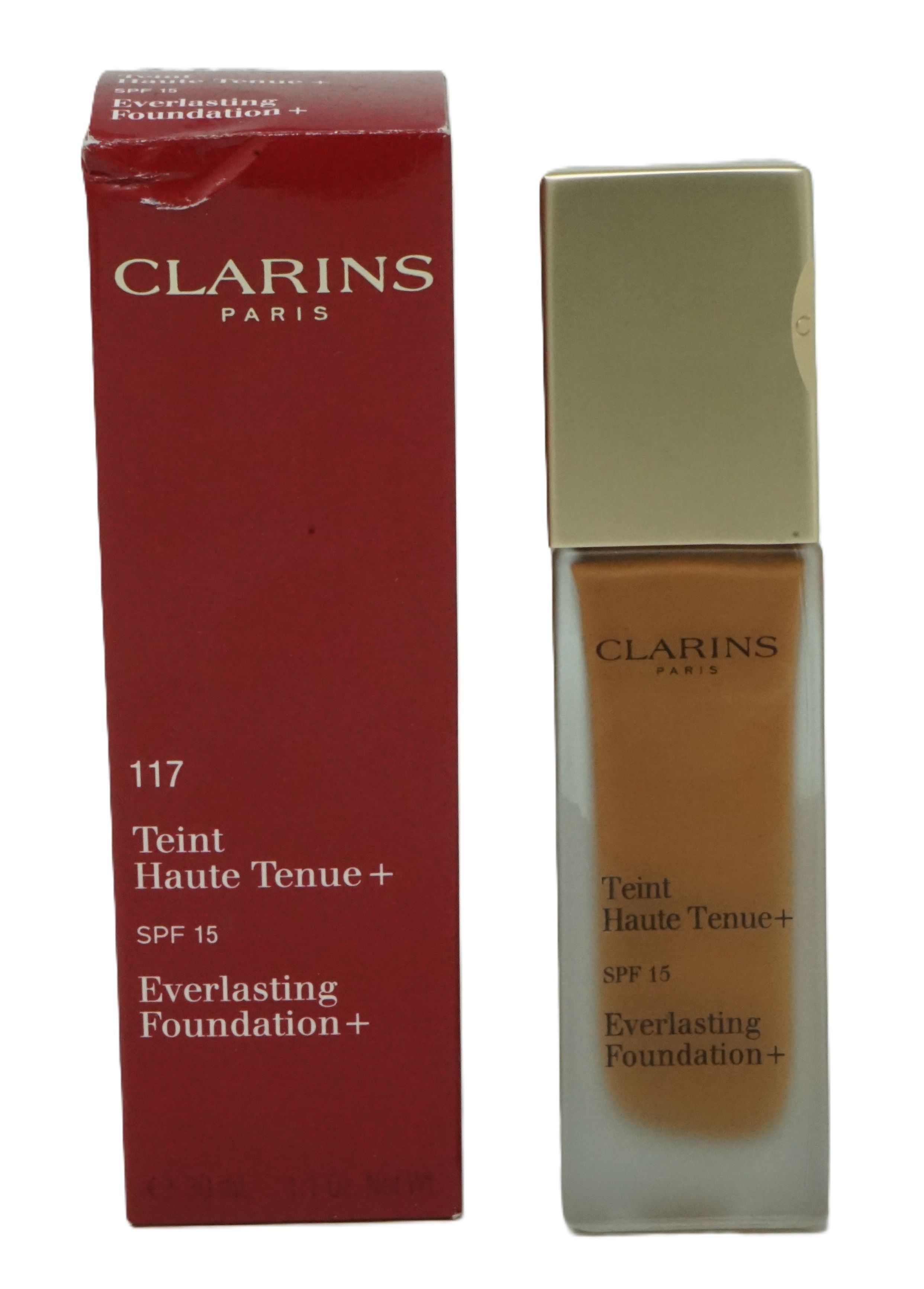 Clarins Everlasting Foundation. Flasche und Verpackung. Farbton 117. Mit SPF 15. Teint Haute Tenue +.