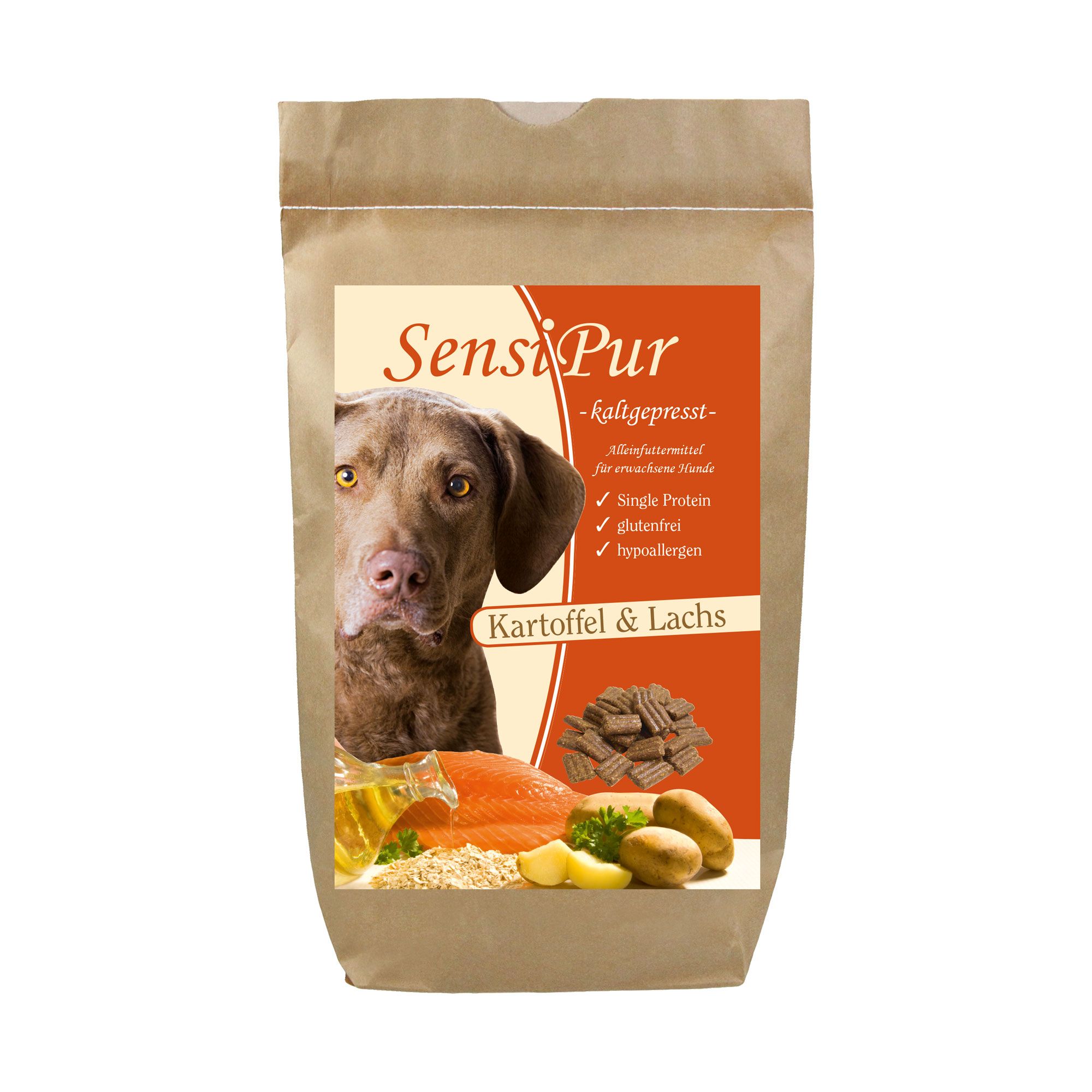 SensiPur Trockenfutter-Beutel. Aufdruck mit Hund, Lachs, Kartoffeln und Futterbrocken. Text: 'Single Protein', 'glutenfrei', 'hypoallergen'.