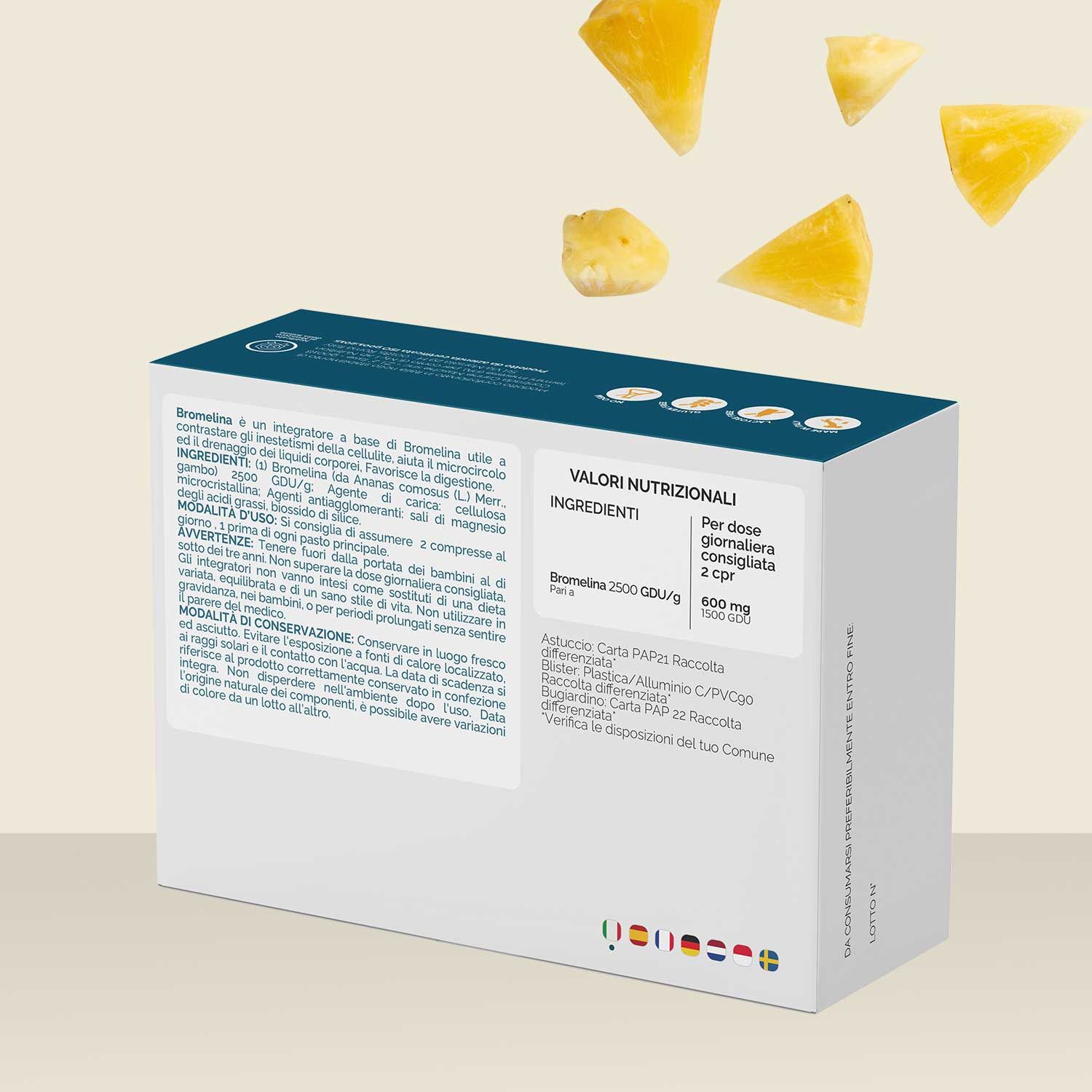 Retro della confezione di Bromelina. Contiene informazioni su ingredienti, valori nutrizionali, istruzioni per l'uso e avvertenze. Sono visibili indicazioni multilingue.