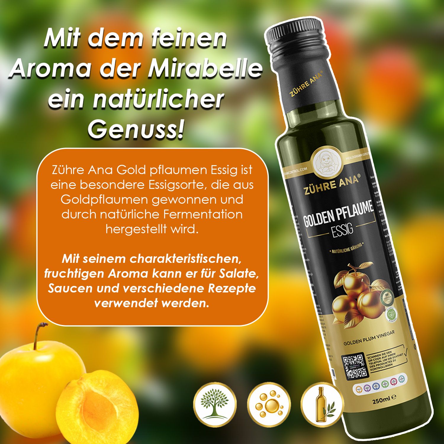 Flasche Zühre Ana Goldener Pflaumenessig mit Text über die Vorteile und Verwendung.
