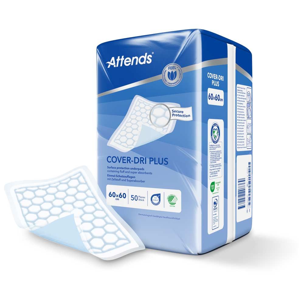 Attends Cover-Dri Plus Verpackung. Blaue Verpackung mit Produkt und einem einzelnen Pad. Größe 60x60 cm, 50 Stück.