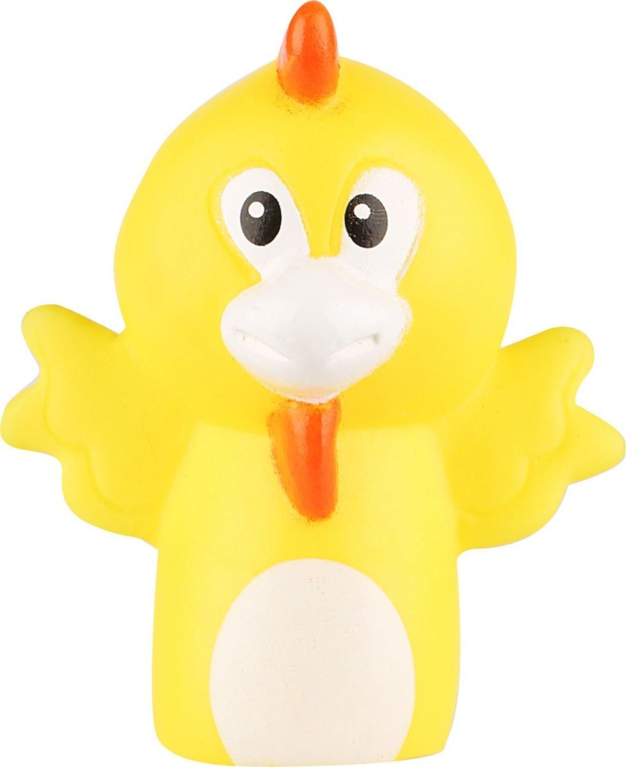 Gelbes Fingerpuppen-Huhn mit orangefarbenem Kamm und Schnabel. Weiße Bauchpartie und Flügel.