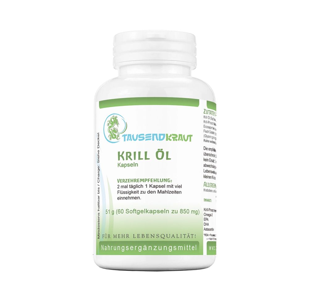 Weiße Flasche mit Kapseln. Aufschrift: Tausendkraut Krill Öl. Nahrungsergänzungsmittel. Grüne Schrift.