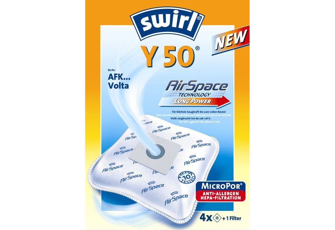 Die Verpackung zeigt Swirl Y 50 MP Plus AirSpace Staubsaugerbeutel. Auf der Verpackung sind die Logos von Swirl, AirSpace und MicroPor zu sehen. Es gibt auch die Aufschrift "NEW" und die Angabe "4x + 1 Filter".