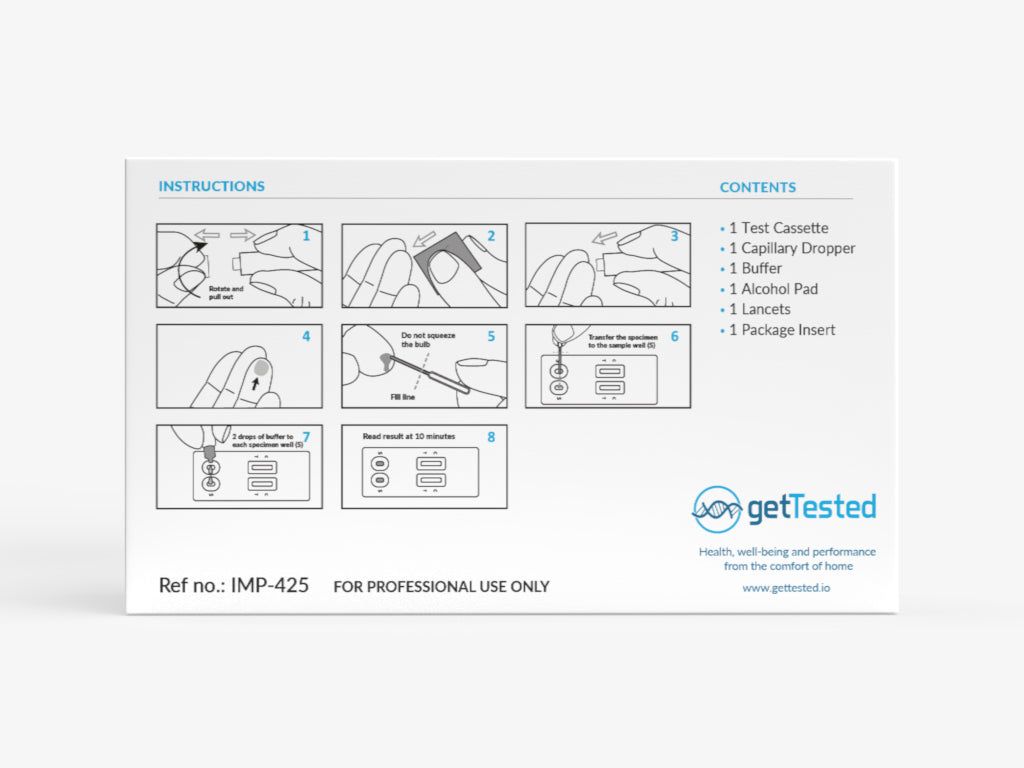 Verpackung mit Anweisungen und Inhaltsangabe. Enthält Testkassette, Tropfer, Puffer, Alkoholtupfer, Lanzetten und Packungsbeilage.