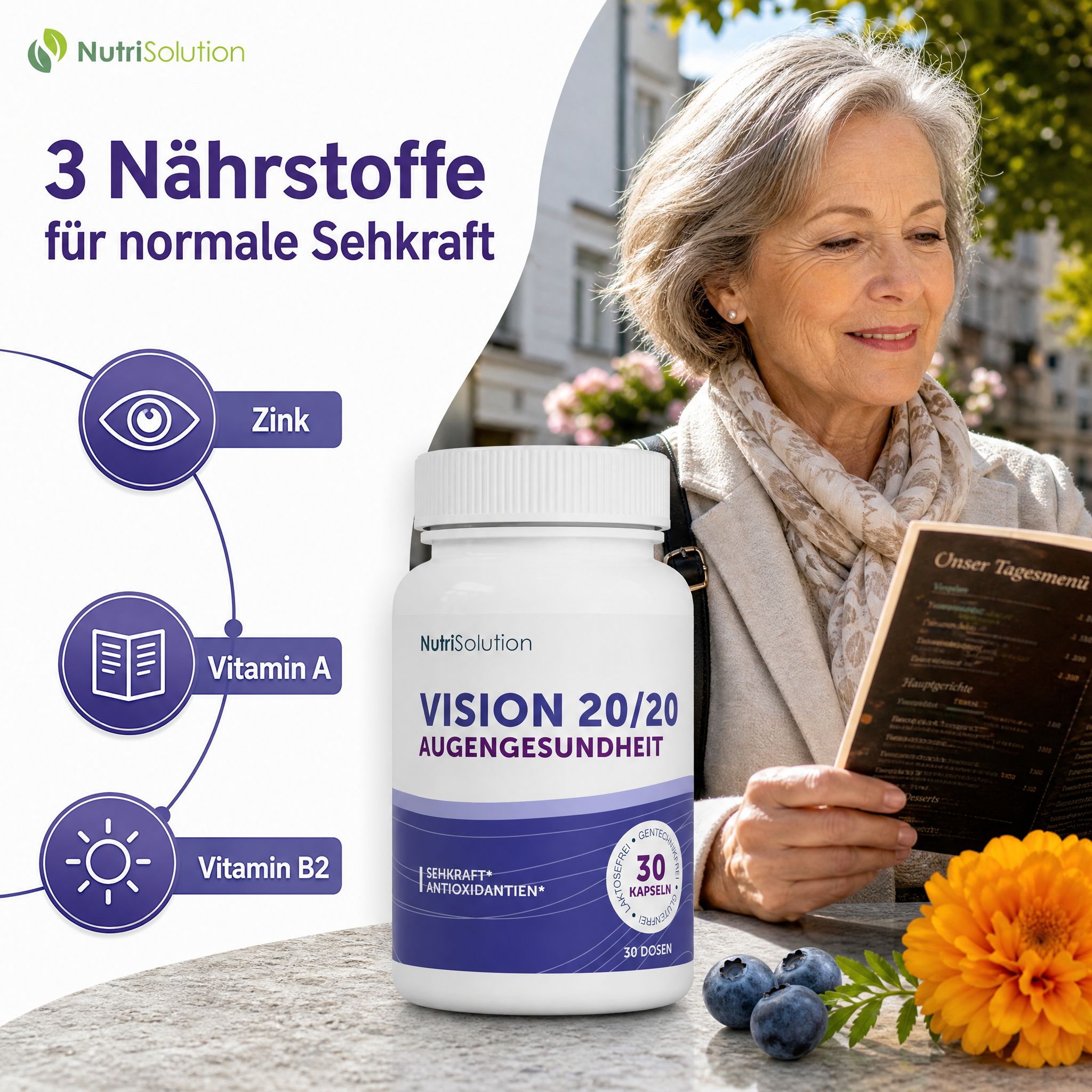 NutriSolution Vision 20/20 Dose neben einer Frau, die eine Speisekarte liest. Enthält Zink, Vitamin A, B2.