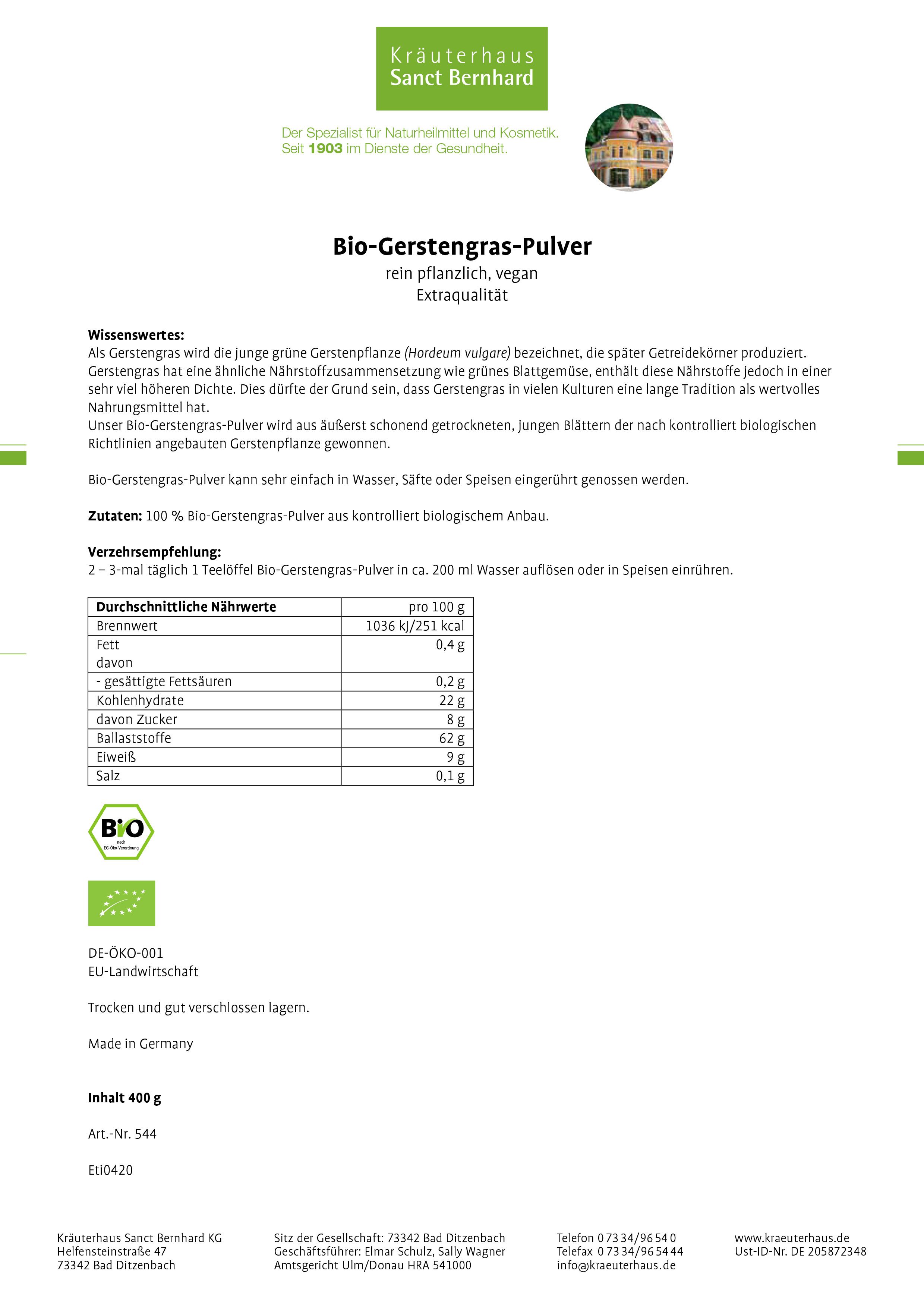 Sanct Bernhard Bio-Gerstengras-Pulver 400 g Pulver