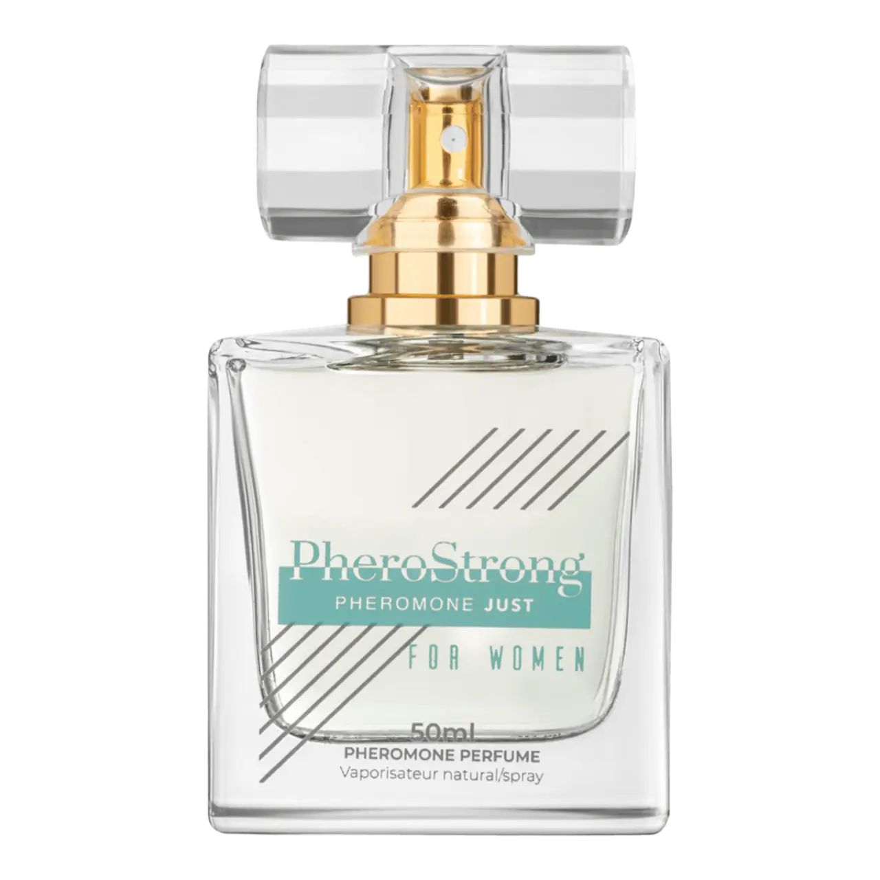 Quadratische Parfümflasche mit goldfarbenem Zerstäuber. Aufschrift: PheroStrong Pheromone Just For Women. 50ml, Pheromon-Parfüm.