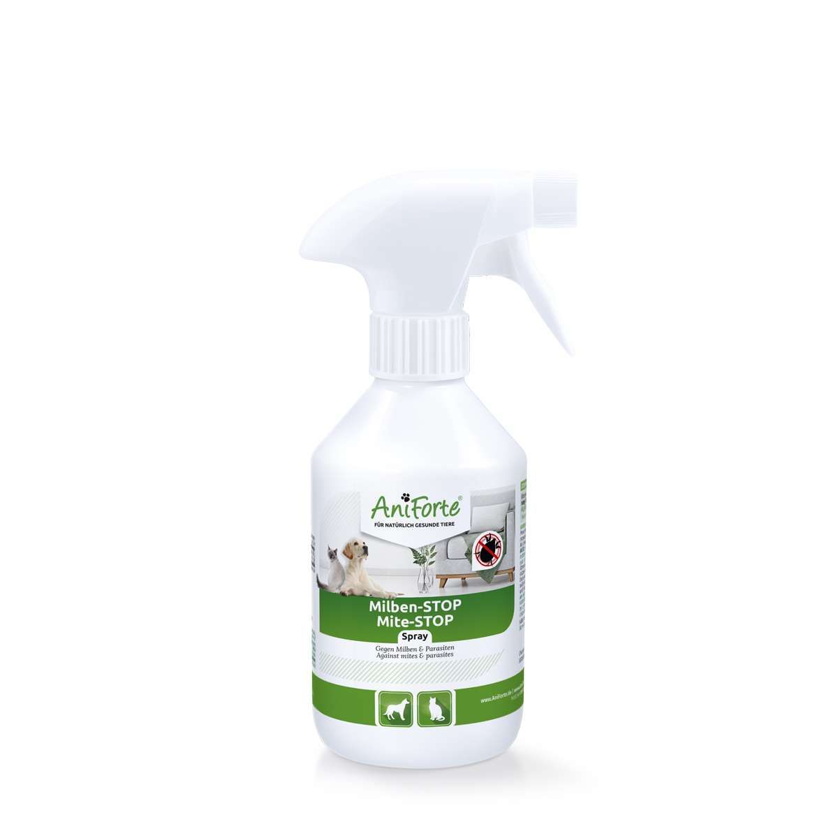 Weiße Sprühflasche mit grünem Etikett. Text: AniForte, Milben-STOP Spray. Illustrationen von Hund, Katze. Sprühkopf.