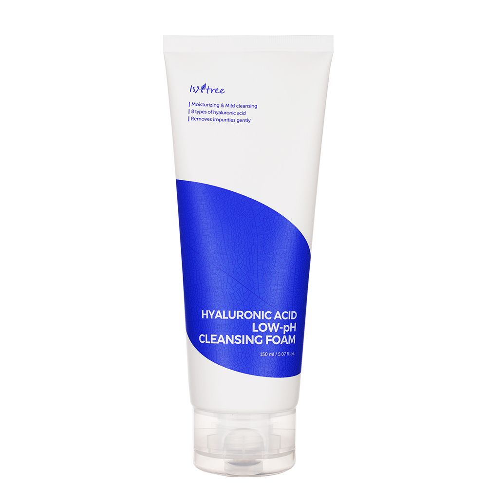 Weiße Tube mit blauer Banderole, Hyaluronic Acid Low-pH Cleansing Foam.